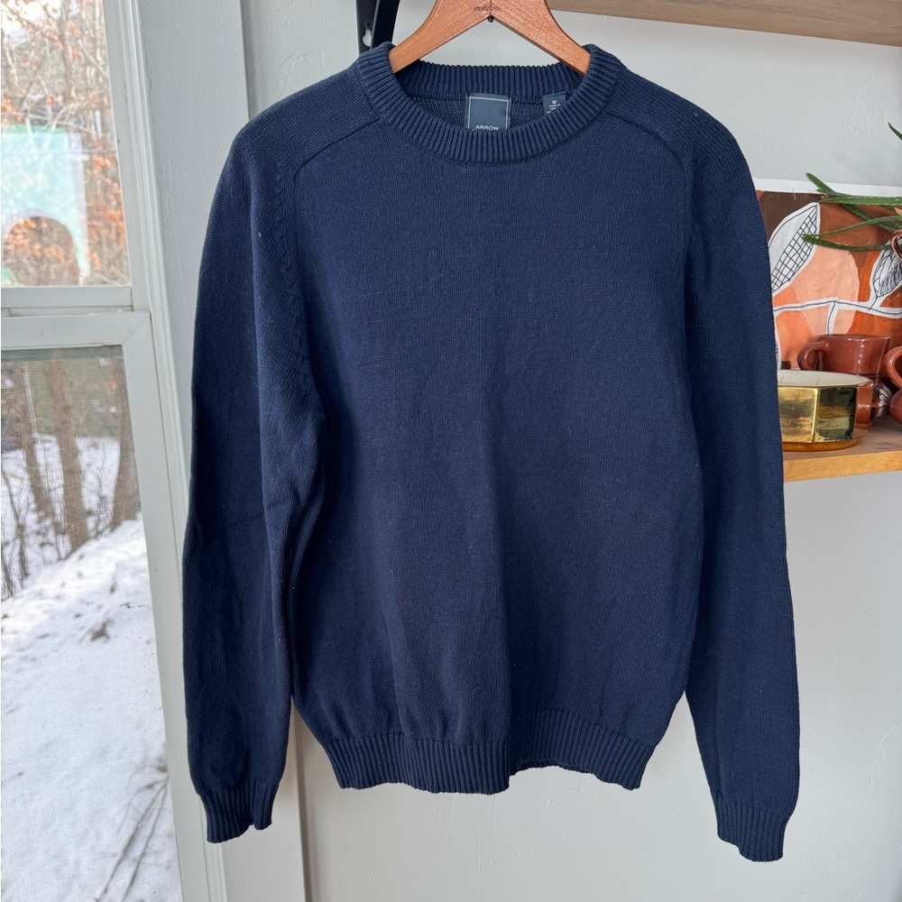 Arrow Navy Blue Cotton Crewneck Sweater Dressy Formal Business Casual Medium